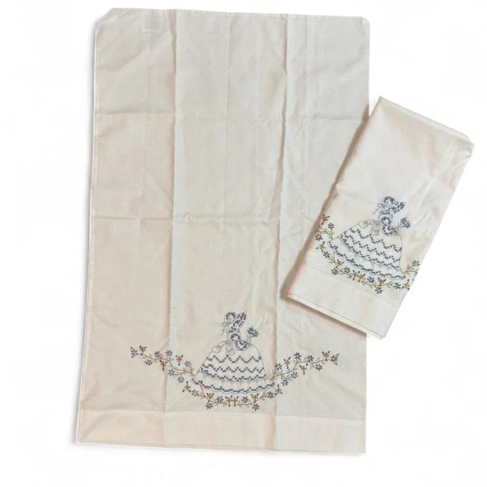 Embroidered cross stitched white pillowcase set of 2‎ w/ blue floral girl dress